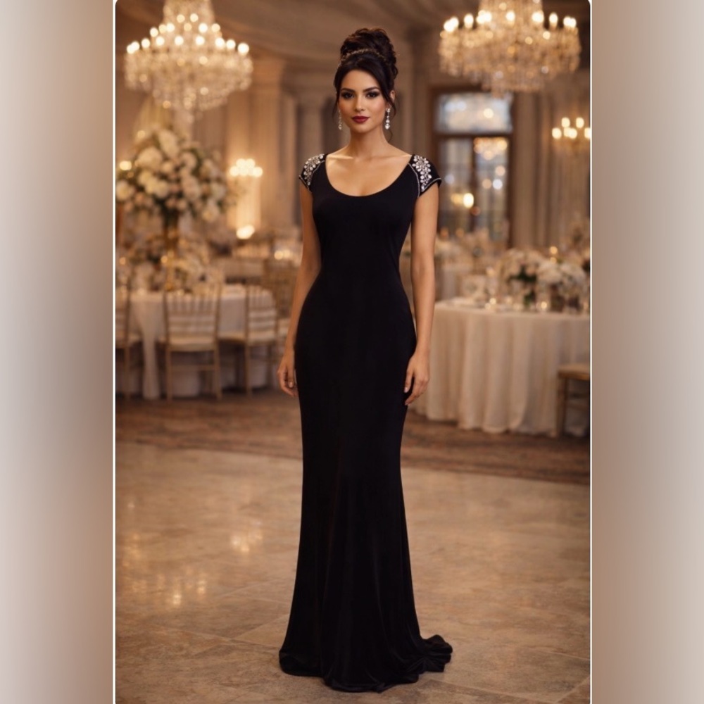 Black Maxi Evening Gown with Embellished Shoulders